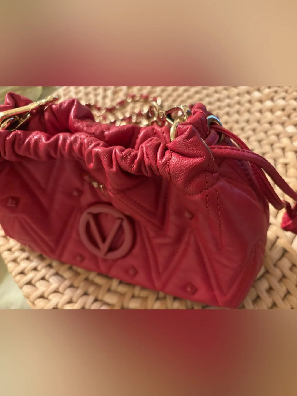 Valentino By Mario Valentino Quilted Red Crossbody with Gold Chain